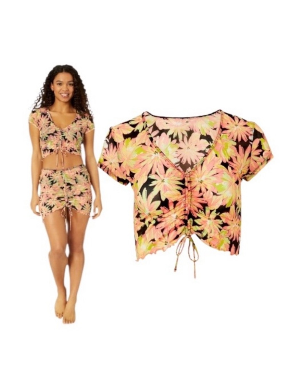 Celebrity Pink Black Puff Sleeve Crop Coverup